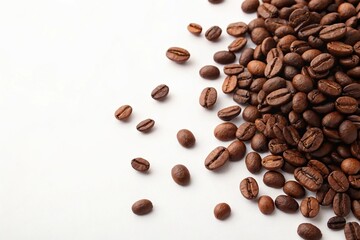 Obraz premium A heap of coffee beans on a clean and minimalist white background with scattered edges, pile, coffee beans, clean, minimalist, heap