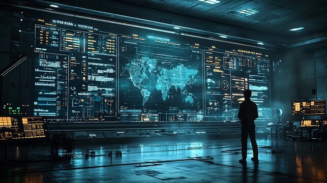 Logistics Manager Monitoring Global Supply Chain on Holographic Screen with 3D Data Visualization