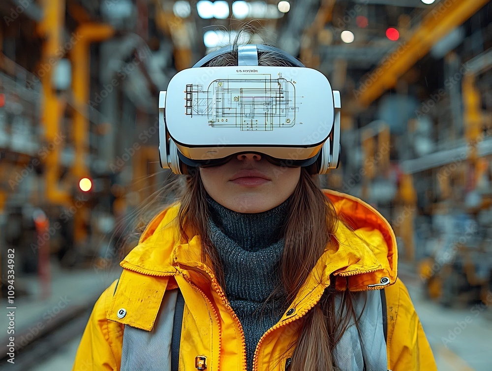 Poster technician using virtual reality headset to remotely troubleshoot complex machine with digital schem