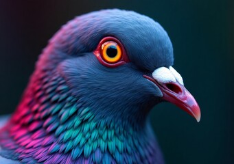 Vibrant close-up of a pigeon showcasing iridescent feathers at dusk