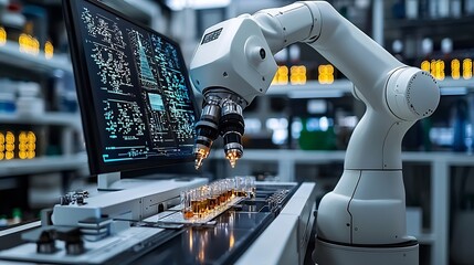 Robotic Arm Handling Samples in Futuristic Laboratory with Holographic Interface