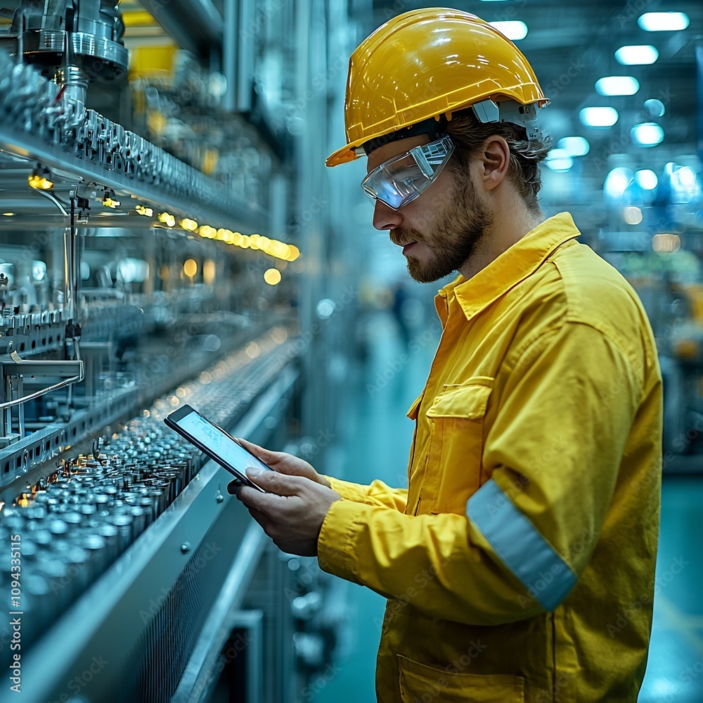 Poster factory worker interacting with automated production line using tablet to monitor ai driven machines