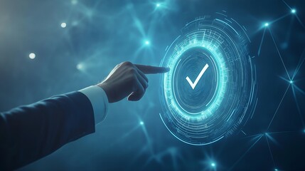 Futuristic hand of a businessman pointing at a glowing holographic shield with a checkmark symbol against a digital network and soft blue gradient background