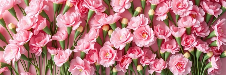 Obraz premium Pastel pink carnation flower wall with delicate stems and soft green leaves forming a whimsical and playful pattern, whimsical patterns, playful vibe, feminine touch