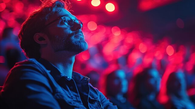 Engaged audience member enjoying a captivating performance under vibrant red lights at a live event