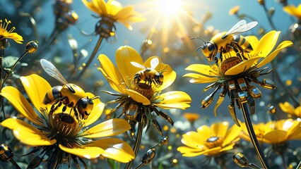 The Future of Pollination: A Harmonious Blend of Nature and Technology - A captivating image of robotic bees pollinating a field of flowers. Robot. 1