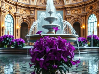 A majestic purple flower arrangement set amidst a grand ornate fountain backdrop, flower arrangements, botanical photography
