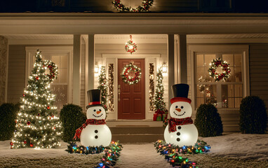 Snowman in winter setting,Christmas background.
