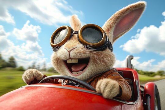 Adventurous Easter Bunny Driving Vintage Red Car with Aviator Goggles