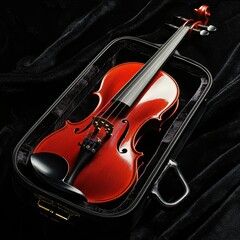 Fototapeta premium A beautifully lit violin in its case, framed by rich, flowing fabric, showcasing elegance and artistry in musical craftsmanship.