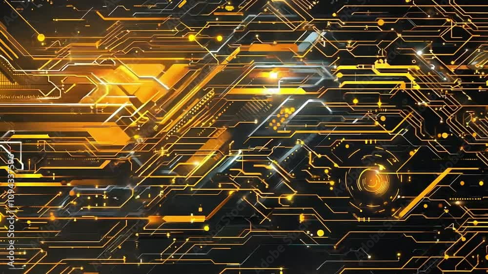 Wall mural abstract digital circuitry with glowing golden lines and points