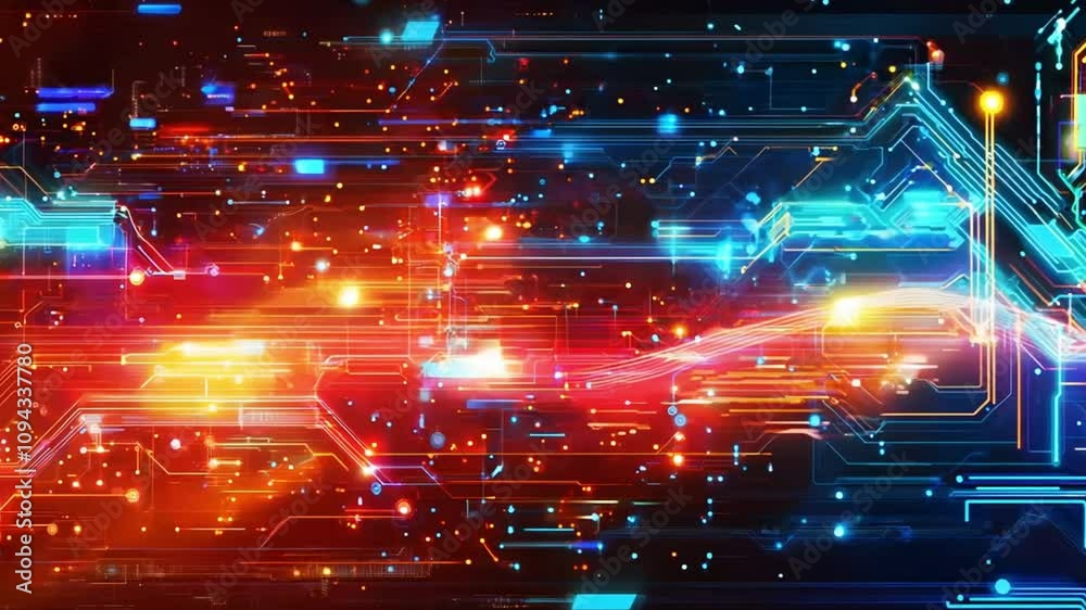 Wall mural abstract digital network with red and blue lines and glowing points