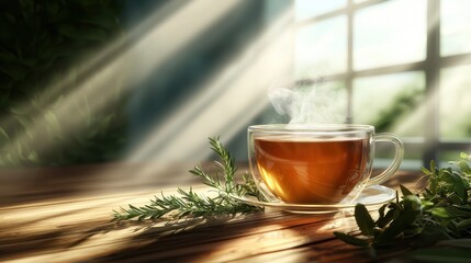 A steaming cup of tea placed on a wooden table, surrounded by fresh herbs and subtle sunlight streaming in from a nearby window