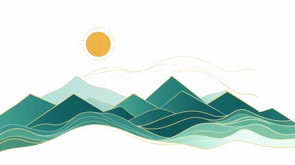 Traditional Chinese green and blue abstract mountain line illustration poster background