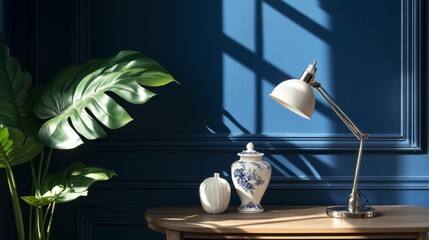 Elegant coffee table with a porcelain figurine, monstera leaf, and an adjustable desk lamp placed near a cobalt blue wall.