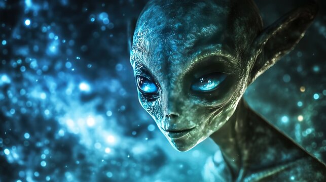 Alien with glowing blue eyes in a cosmic background.