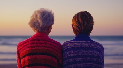 2410_021.rear view of two generations, vibrant sweaters, sandy shoreline, tranquil ocean horizon, soft evening light, intimate moment captured