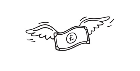 Concept of Flying pound sterling Money with Wings Depicting Freedom and Wealth