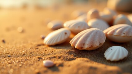 Cowrie shells on golden sand, softly lit by warm light and complemented by gentle shadows, creating a contemporary and polished visual effect.