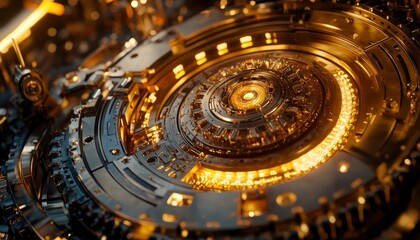 Obraz premium A close-up view of an intricate, golden mechanical component, showcasing advanced technology.