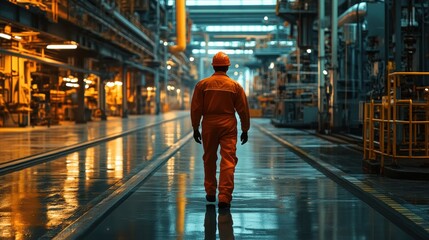 Obraz premium Male worker in an orange jumpsuit walking through a well-lit industrial facility.
