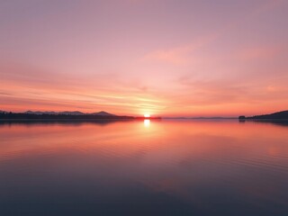 Naklejka premium Soft mauve tones blend with the colors of a sunset on a tranquil lake, , sunset colors