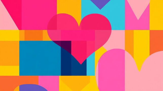 2410_019.geometric interpretation of linked pinkies, bright color blocks, floating heart emblem, negative space utilization, playful graphic design