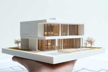 A hand holding a modern architectural model of a house with trees and landscaping.