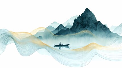 Traditional Chinese green mountains flowing river illustration poster background