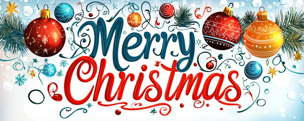 Naklejka premium Merry Christmas greeting with colorful ornaments and festive decorations, creating joyful holiday atmosphere