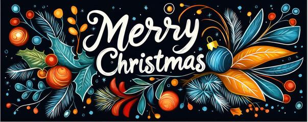 Merry Christmas design featuring vibrant foliage, ornaments, and festive colors. This artwork captures joyful spirit of holiday season with its colorful elements and cheerful message