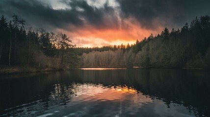 River Bank with Forest and Dramatic Sunset Sky Under Dark Clouds Nature photography Image Isolated Evening Landscape Peaceful Background