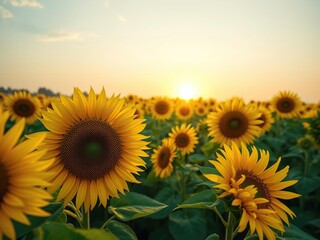 Fototapeta premium sunflower field at sunrise with bright yellow petals and vibrant green leaves, golden hour, wildflowers