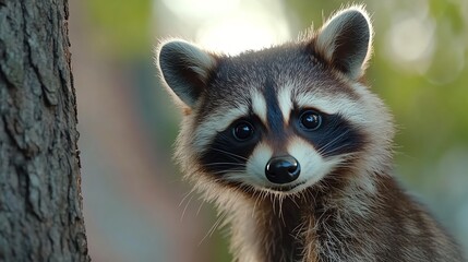 A curious raccoon peeking out from behind a tree