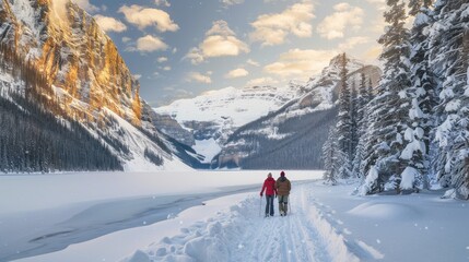 Couple in cozy winter attire exploring a stunning snowy landscape with dramatic natural lighting