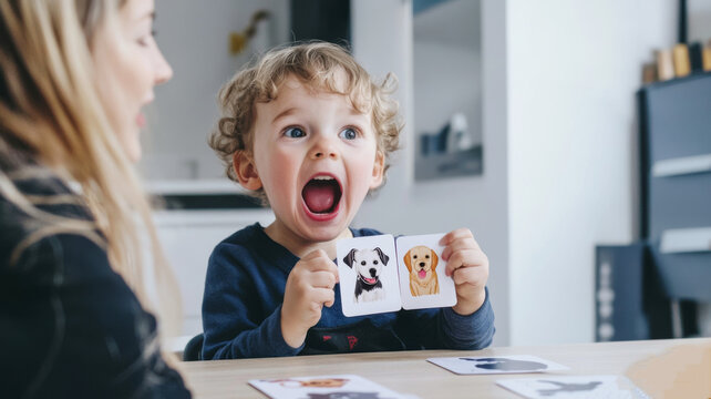 The child at the table is holding cards in his hands, next to him is a speech therapist. Educational and speech therapy classes, exercises and games..