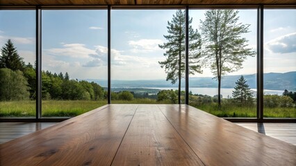Naklejka premium An empty wooden table is placed in front of a large window allowing the outside scenery to reflect beautifully onto its surface, serene atmosphere, window view, natural beauty