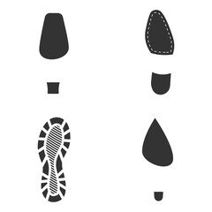 Set of humans footprint. Footprints silhouettes foot and shoes isolated on white background, such as idea of logo in gray. Stock vector for your design. EPS10.