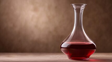 A glass decanter filled with rich red liquid, set against a softly lit background, exuding elegance and sophistication.