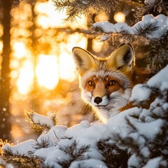 Obraz premium A curious red fox peeking out from behind snow-covered bushes in a winter forest, golden light bathing the scene