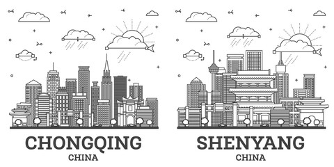 Obraz premium Outline Shenyang and Chongqing China City Skyline set with Modern and Historic Buildings Isolated on White. Illustration. Cityscape with Landmarks.