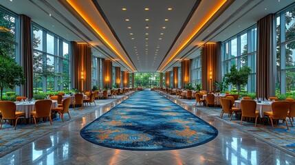 Elegant dining hall with lush greenery and vibrant decor in a modern restaurant setting