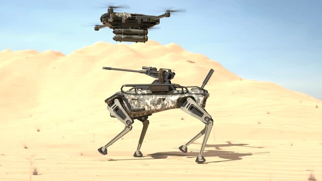 Military robot dogs and military drones are in a war zone, Future war with robots