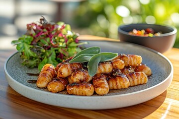 A plate of gnocchi garnished with herbs and salad, showcasing a gourmet food presentation.