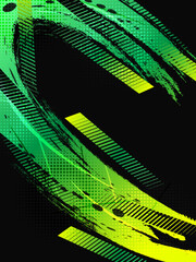 Sport Cover or Poster Design with Green and Yellow Gradient Brush Strokes and Halftone Effect. Abstract Background Design in Grunge Style