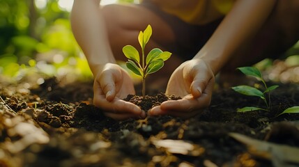 Fototapeta premium Close-up of hands planting a young tree sapling into rich, dark soil, soft sunlight reflecting off the green leaves, a blurred background of a lush forest, earthy, natural textures, calm and