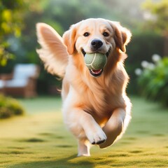 A golden retriever dog with soft golden fur, running in a green park with a cheerful expression, carrying a small ball in his mouth