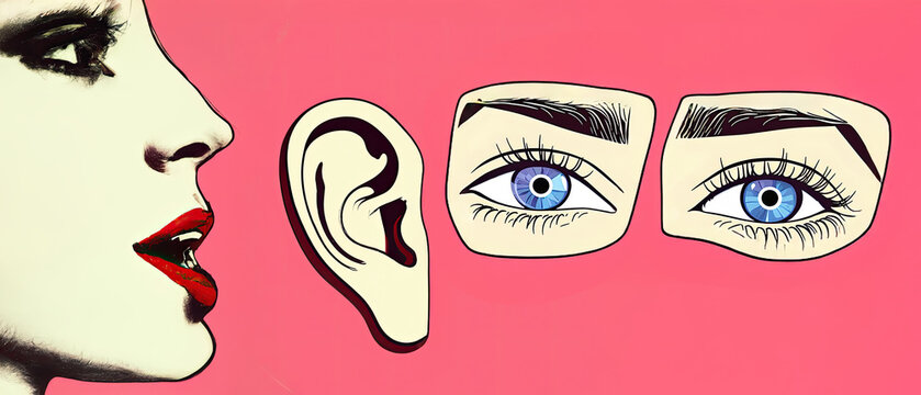 Stylized vintage pop art cutout composition: woman's profile whispering secrets into a floating ear, with watchful blue eyes above. Bold pink background. Themes: gossip, surveillance.
