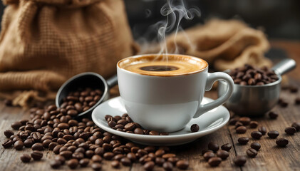 Fototapeta premium Warm and Inviting: A Cup of Coffee on a Rustic Wooden Table, Espresso Cup with Coffee Beans on a Dark Background