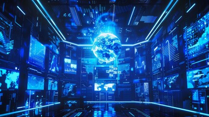 Striking finance concept featuring a 3d hologram and futuristic elements in a vibrant blue setting